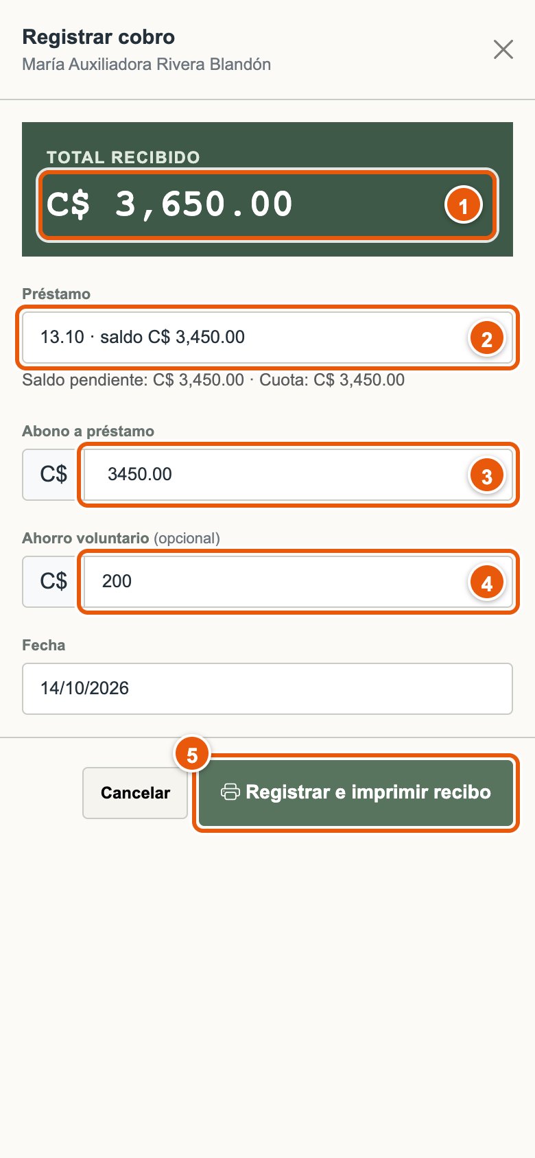 Ventana para registrar un cobro