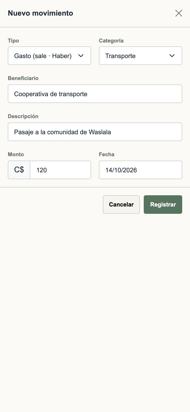 Ventana para registrar un gasto en el celular